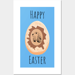 Happy Easter with English Cocker Spaniel Dog Silhouette Head Inside Egg Posters and Art